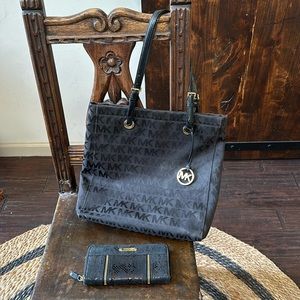 Black and gold Michael Kors purse and wallet (snake skin metallic print)